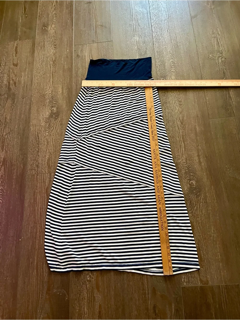 Max Studio Navy and White Striped Fold-Over Waist Maxi Skirt